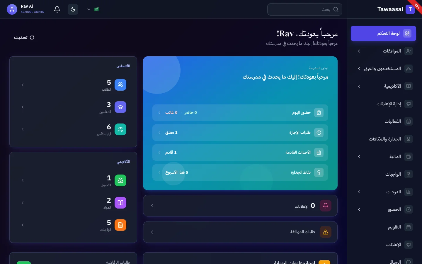 School Admin — Dashboard (Dark · Arabic)